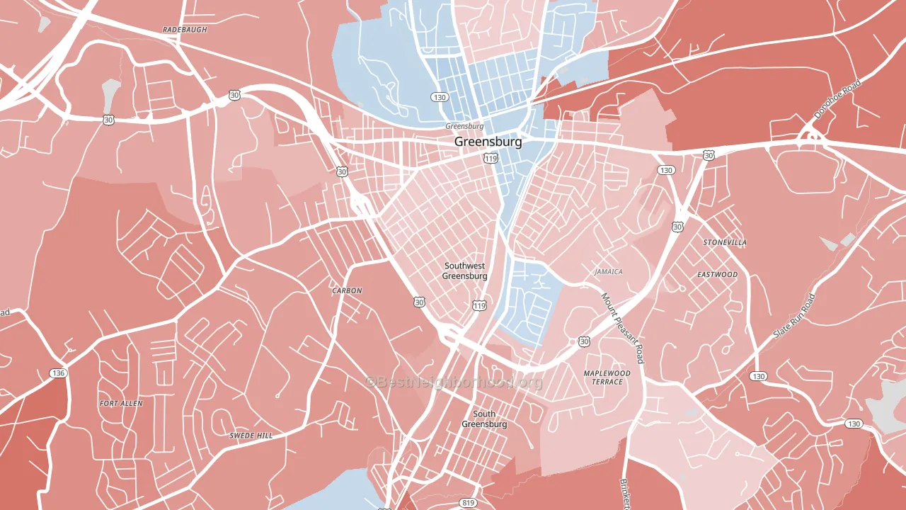 Southwest Greensburg, PA block-group political-lean map