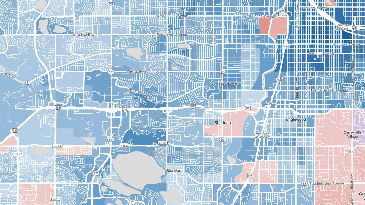 Southwestern Denver, Denver, CO block-group political-lean map