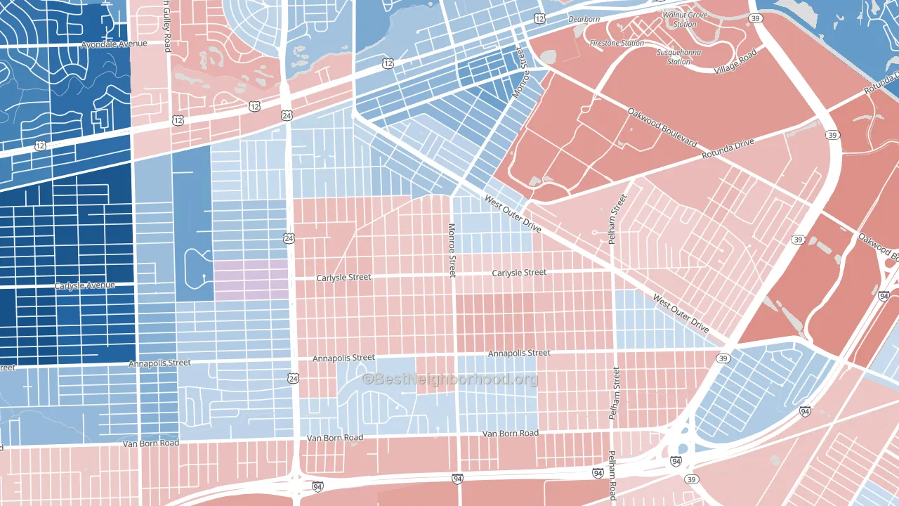 Southwestern Outer Drive, Dearborn, MI block-group political-lean map