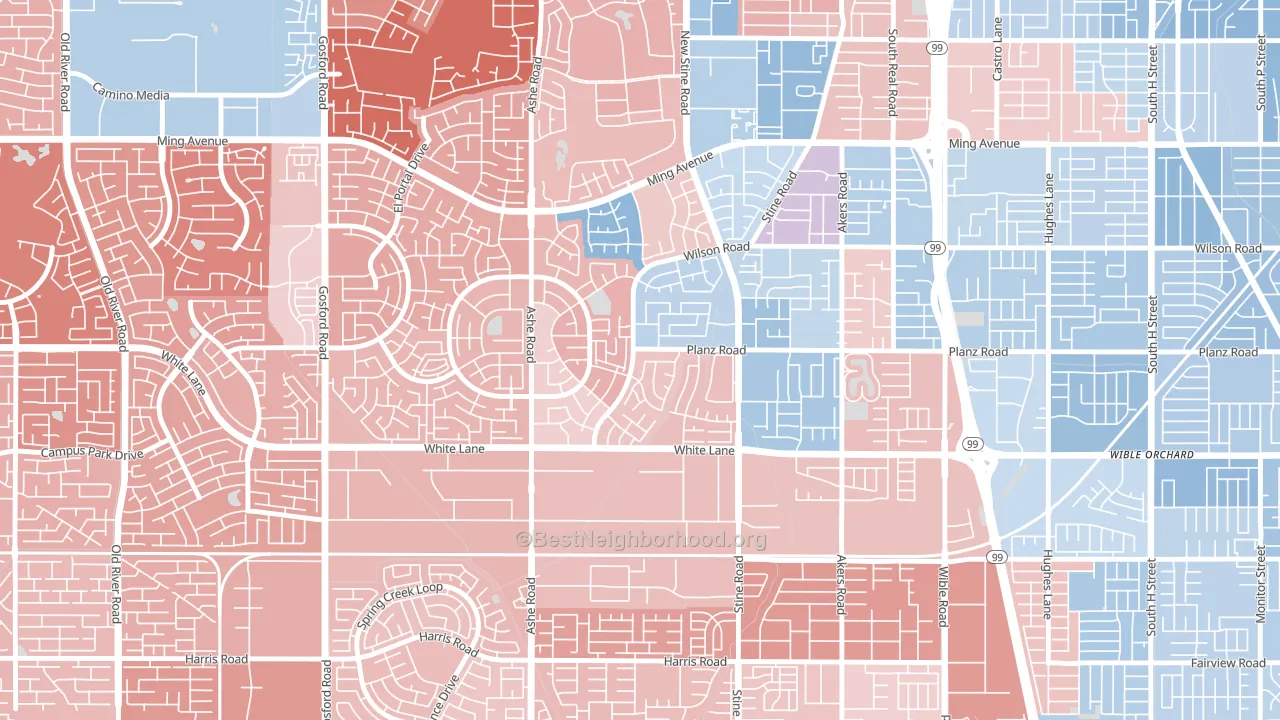 Spice Tract, Bakersfield, CA block-group political-lean map