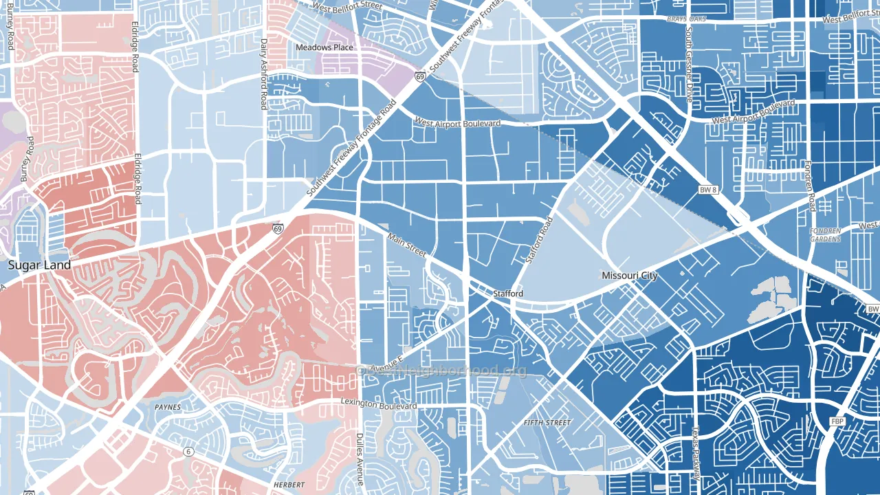 Stafford, TX block-group political-lean map