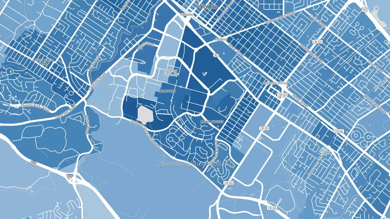 Stanford, CA block-group political-lean map
