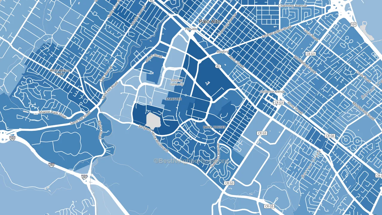 Stanford University, Stanford, CA block-group political-lean map