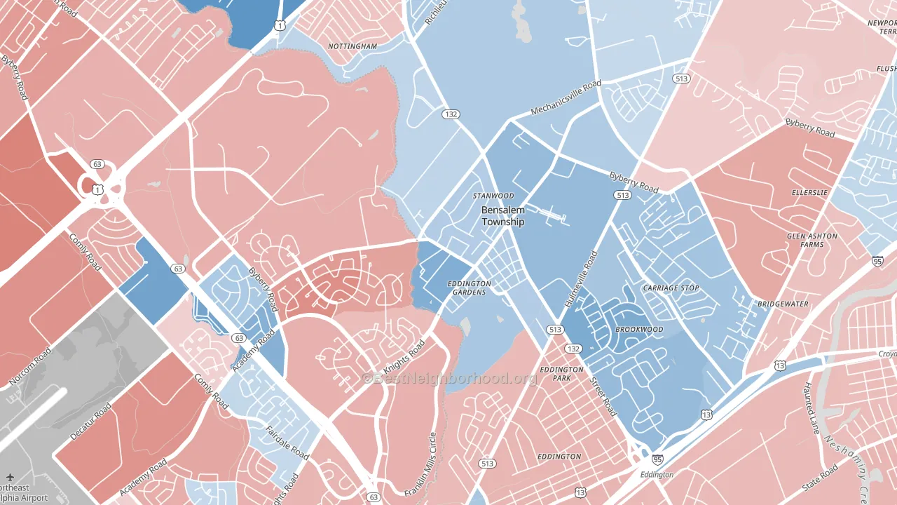 Stanwood, Bensalem, PA block-group political-lean map