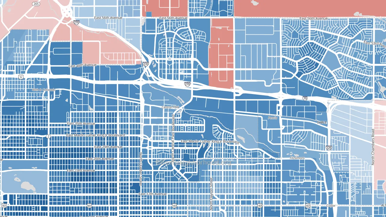 Stapleton, Denver, CO block-group political-lean map