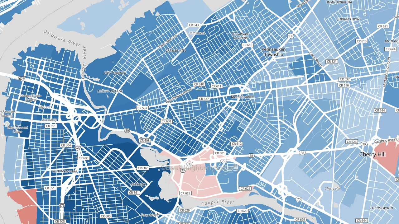 Stockton, Camden, NJ block-group political-lean map