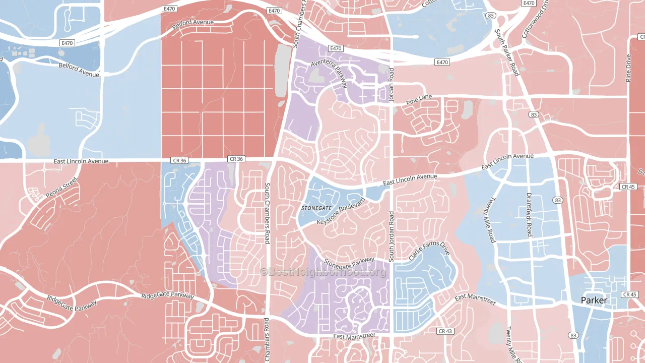 Stonegate, CO block-group political-lean map