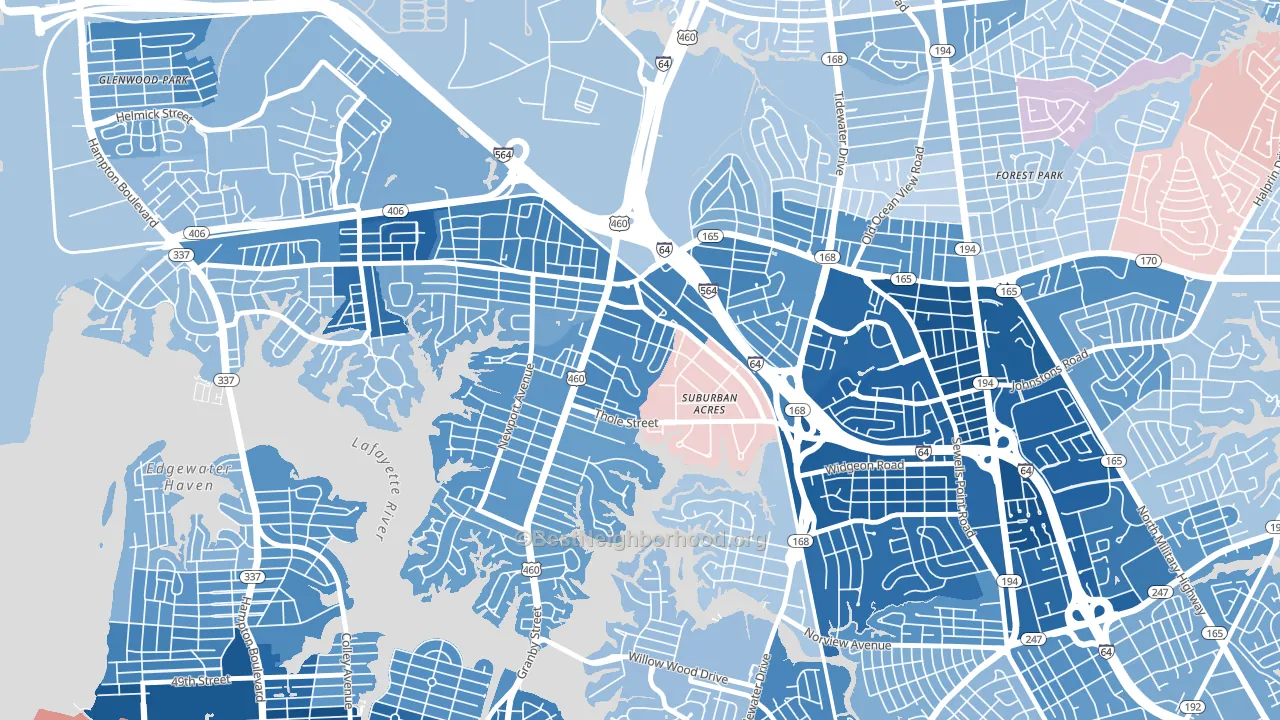 Suburban Acres, Norfolk, VA block-group political-lean map