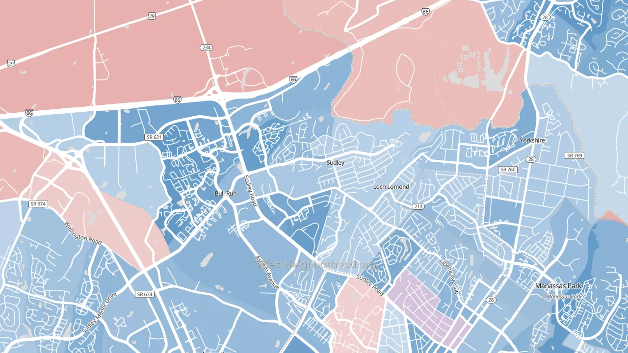 Sudley, VA block-group political-lean map