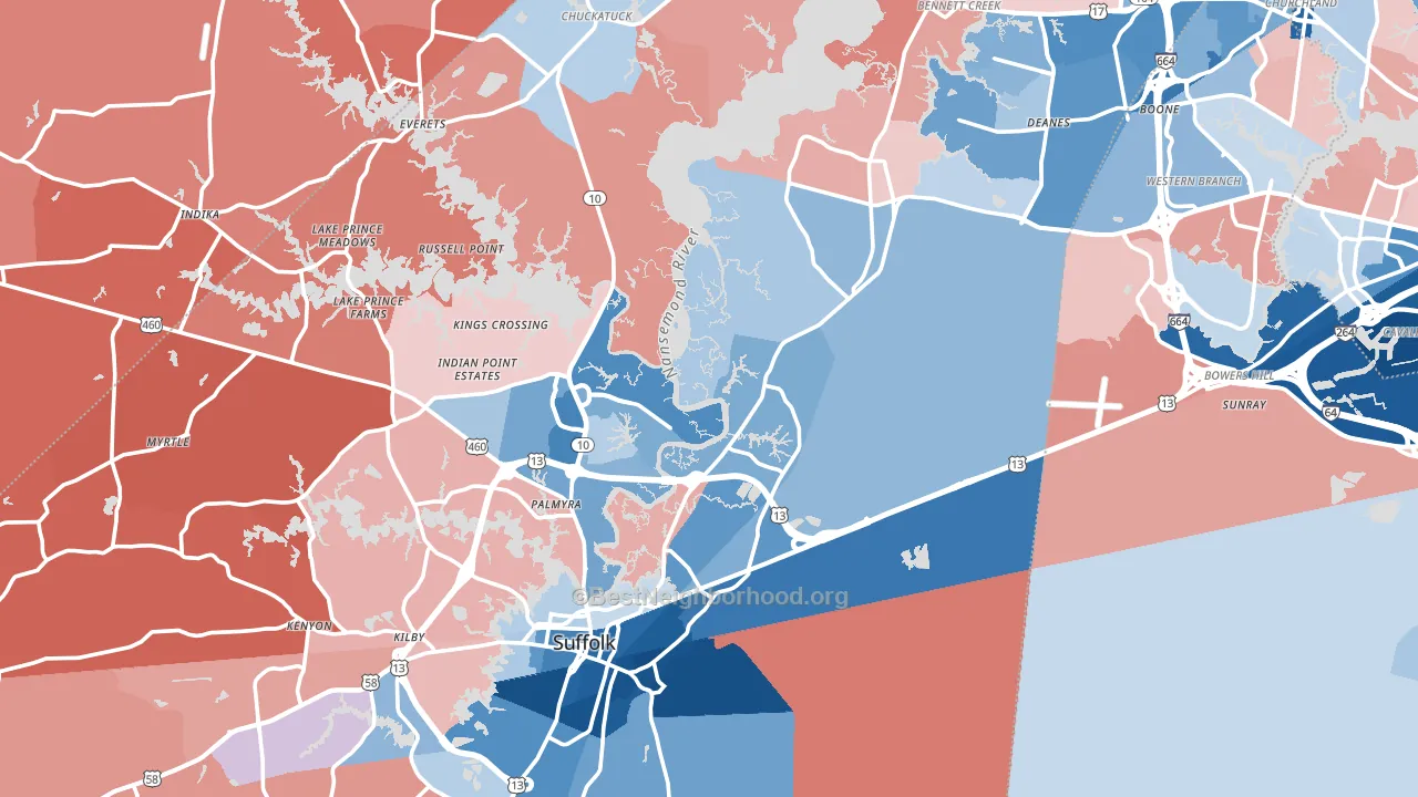 Suffolk, VA block-group political-lean map
