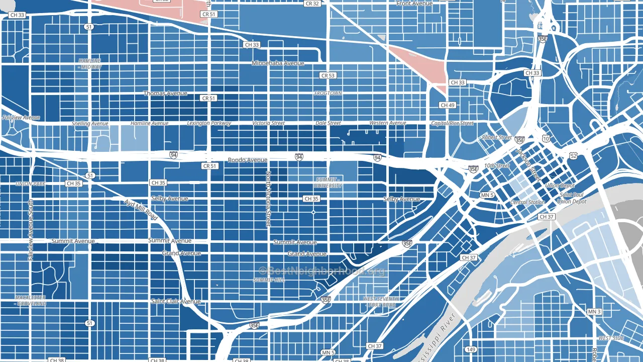 Summit-University, St. Paul, MN block-group political-lean map