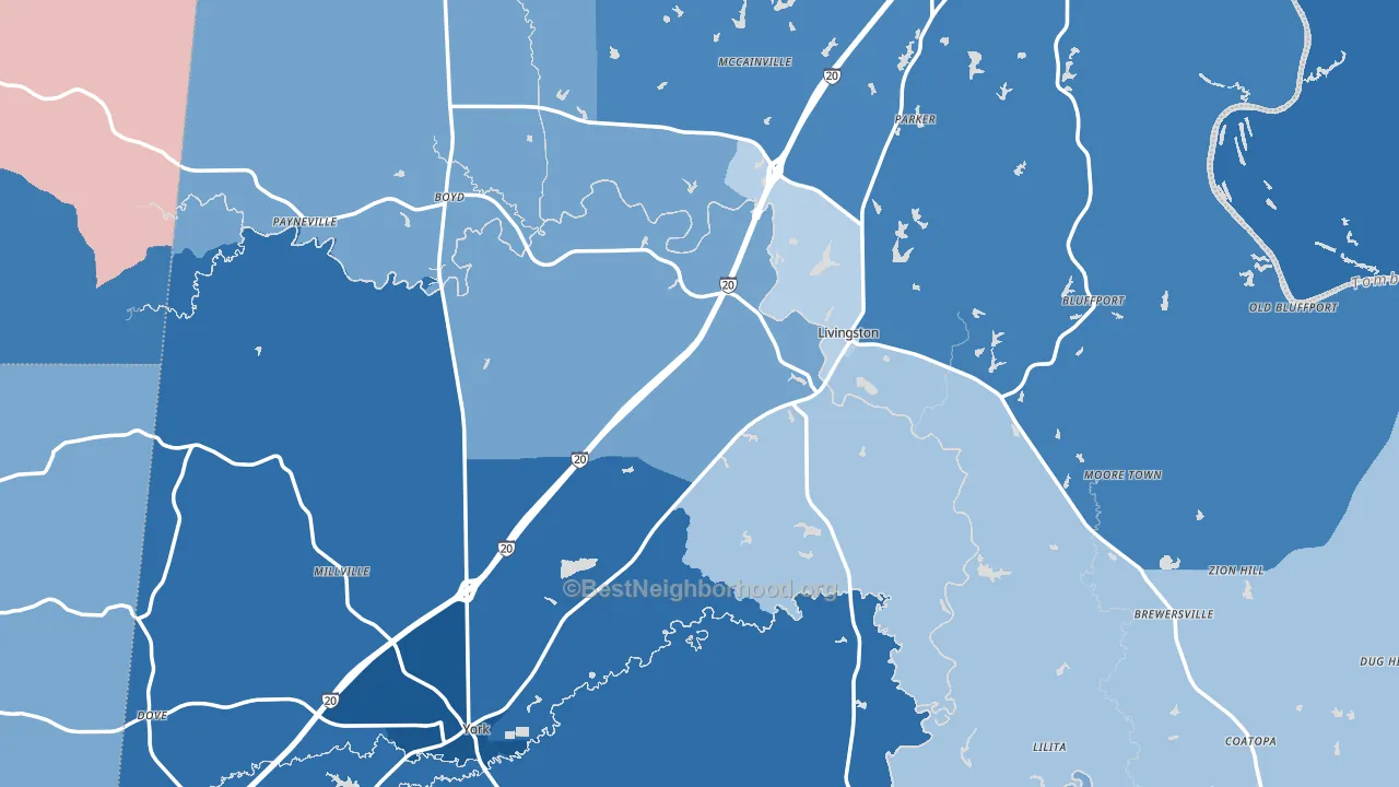 Sumter County, AL block-group political-lean map
