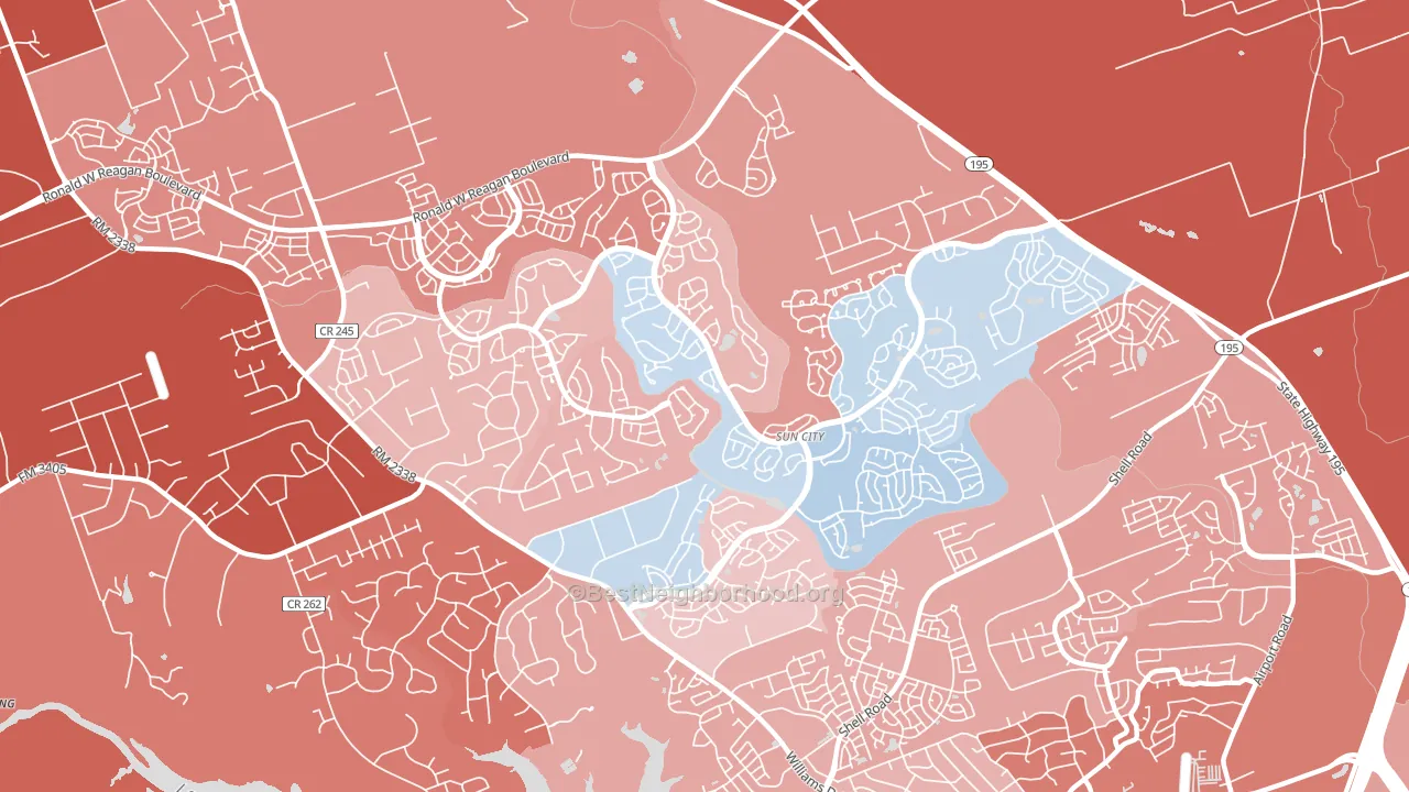 Sun City, Georgetown, TX block-group political-lean map
