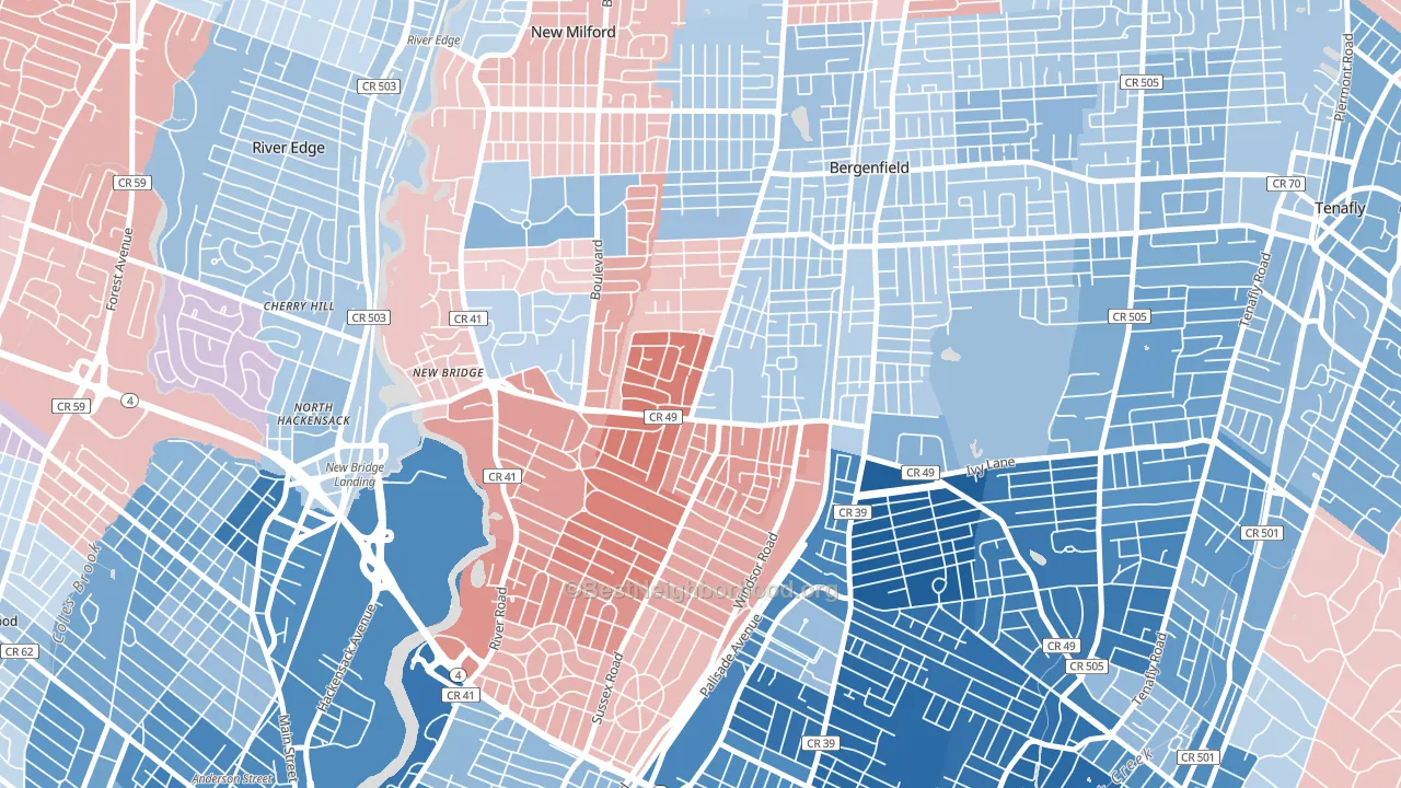 Surrey Lane, Bergenfield, NJ block-group political-lean map