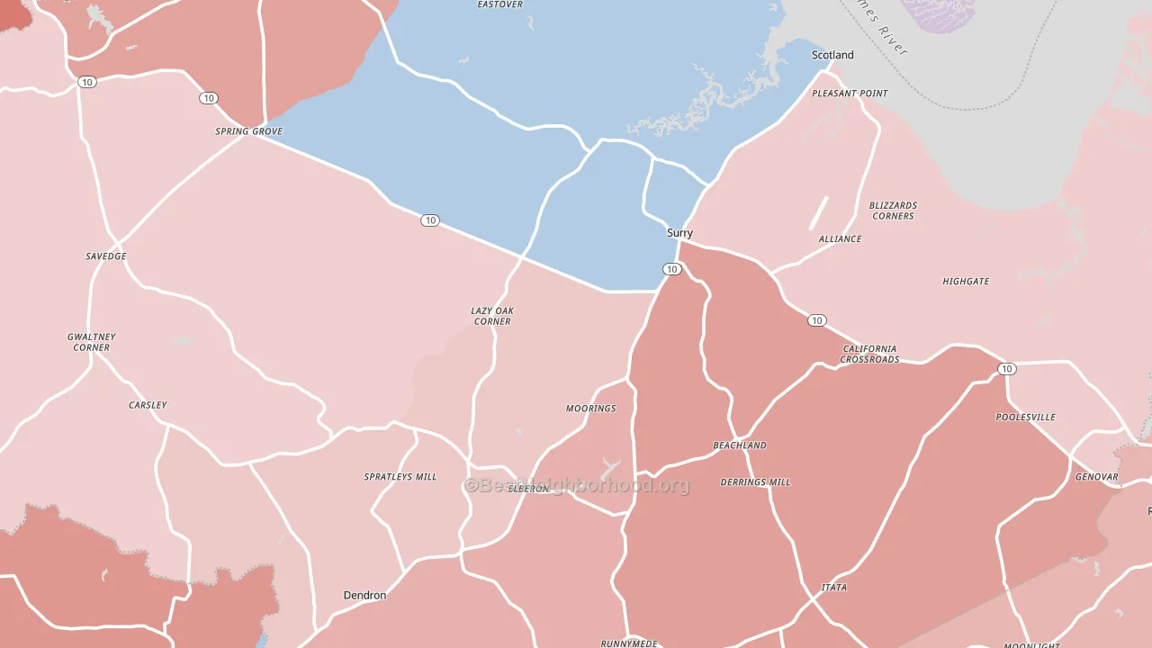 Surry County, VA block-group political-lean map