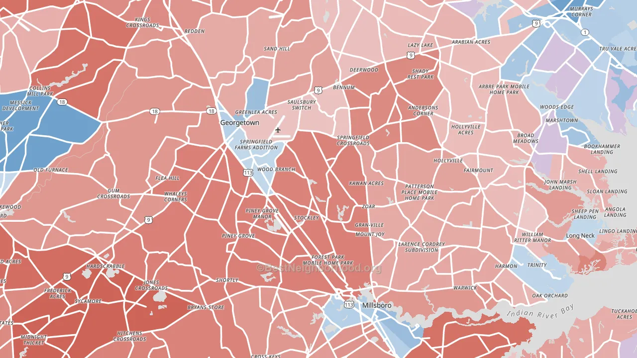 Sussex County, DE block-group political-lean map