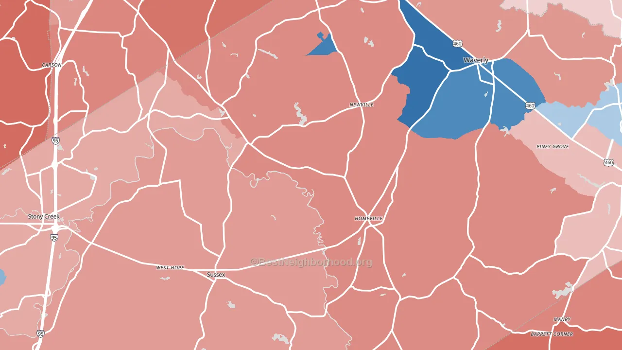 Sussex County, VA block-group political-lean map