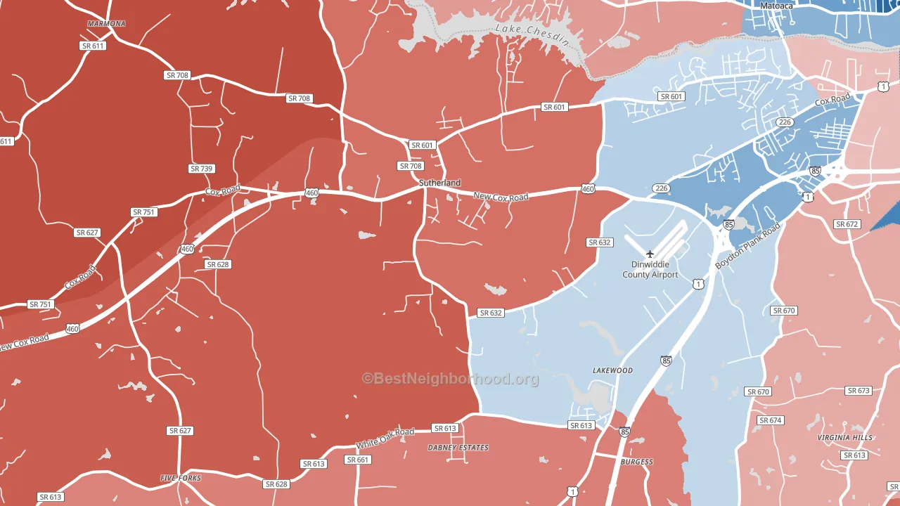 Sutherland, VA block-group political-lean map