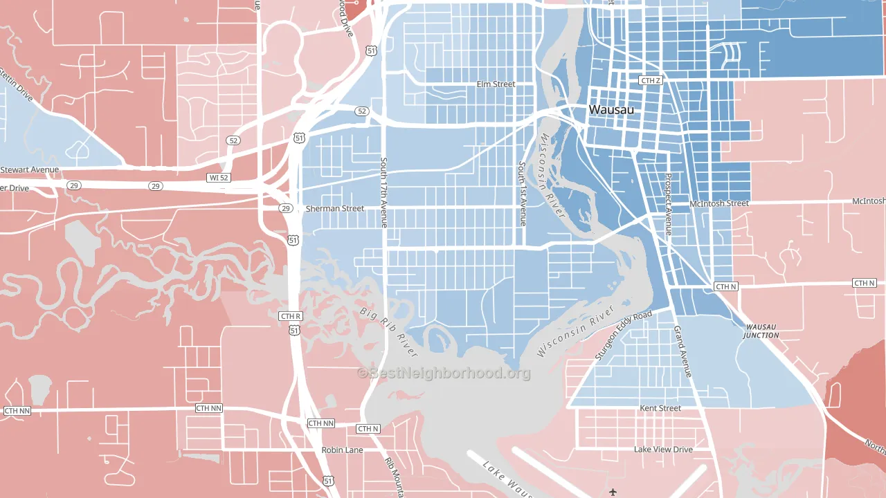 SW Jones, Wausau, WI block-group political-lean map