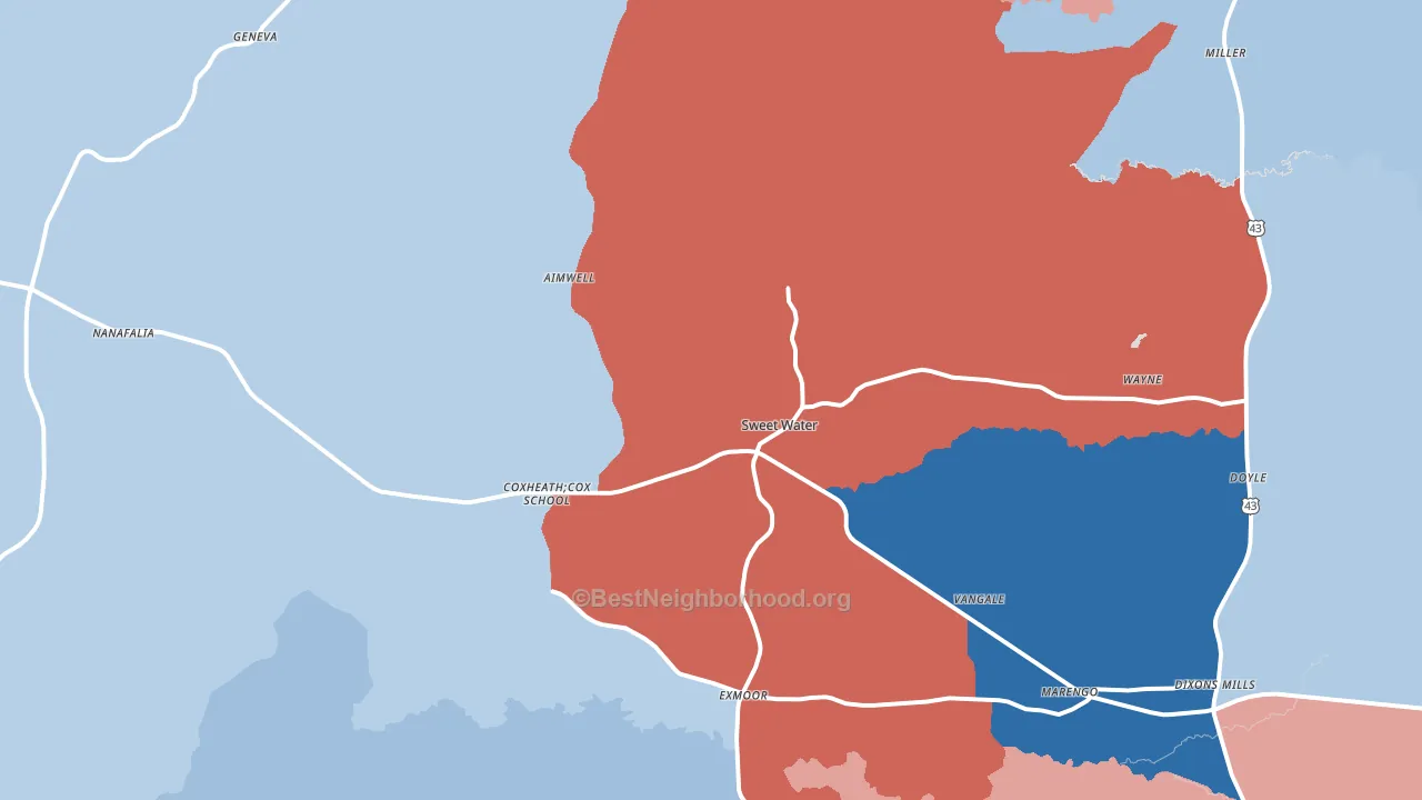 Sweet Water, AL block-group political-lean map