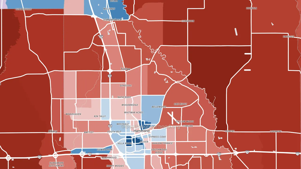 Tangipahoa Parish, LA block-group political-lean map
