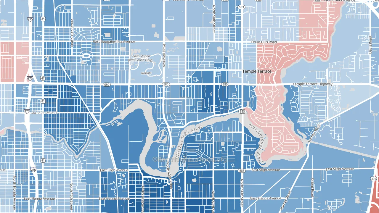 Temple Crest, Tampa, FL block-group political-lean map