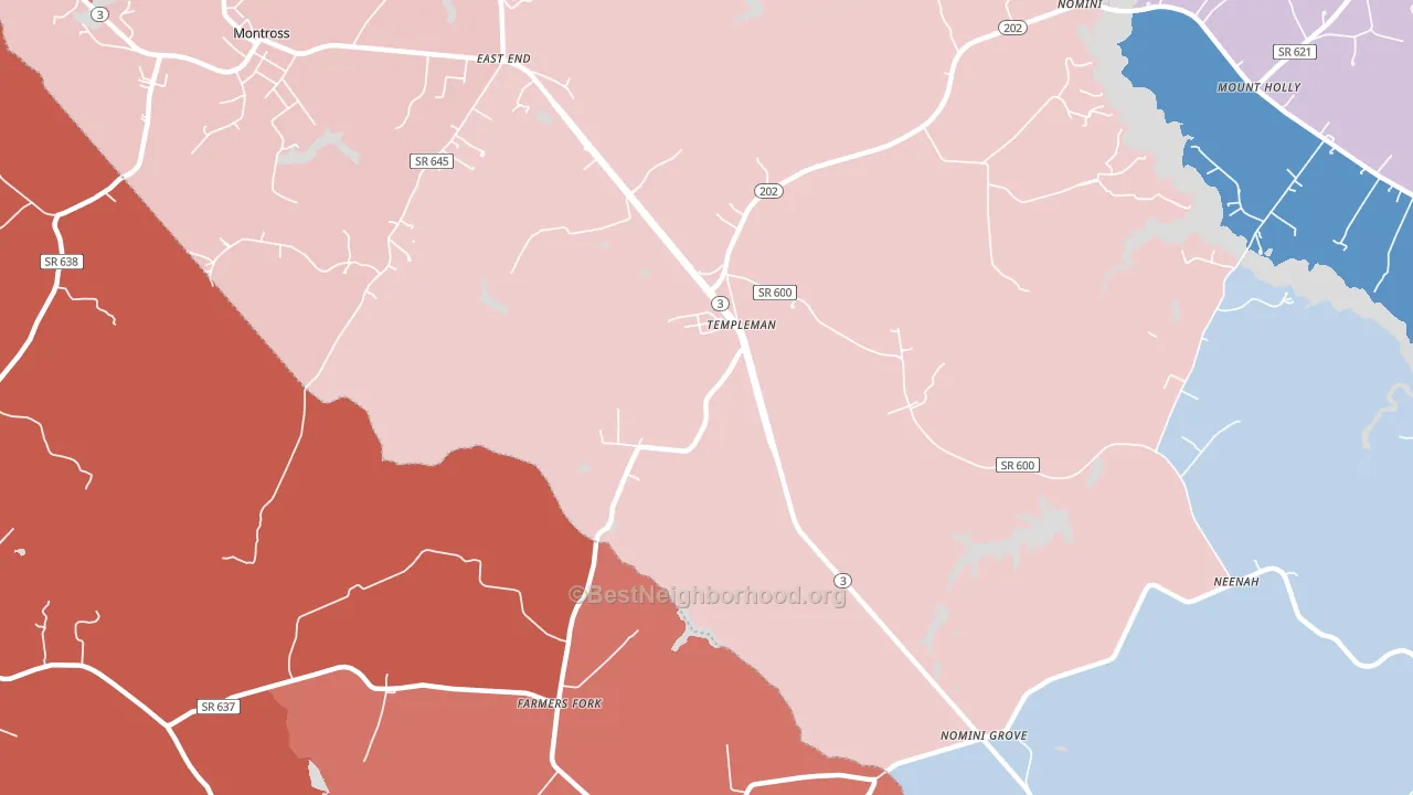 Templeman, VA block-group political-lean map