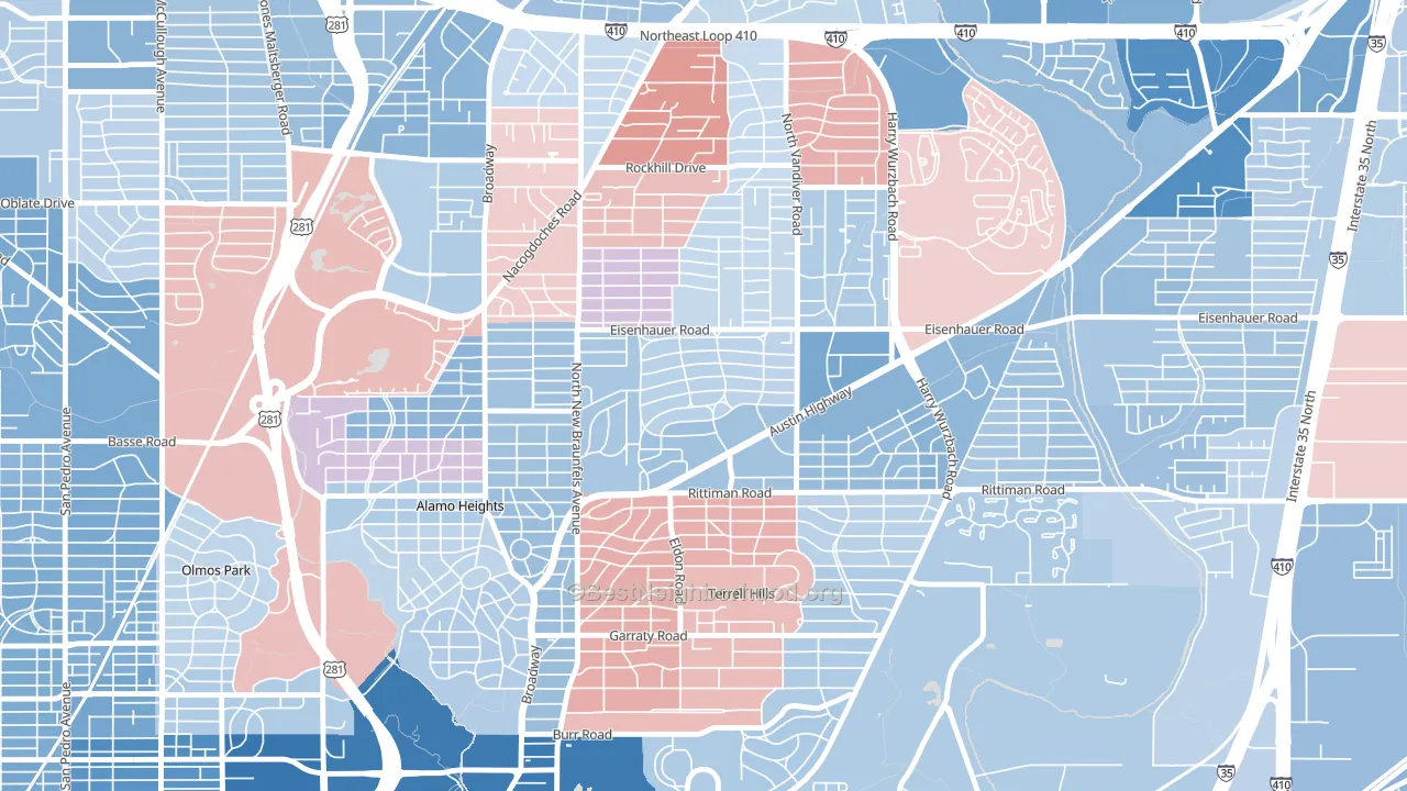 Terrell Heights, San Antonio, TX block-group political-lean map