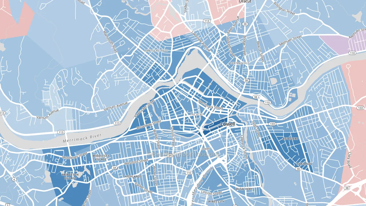 The Acre, Lowell, MA block-group political-lean map