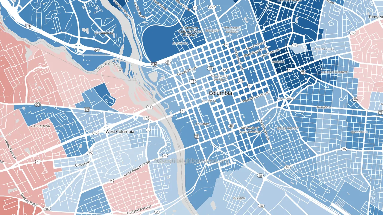 The Congaree Vista, Columbia, SC block-group political-lean map