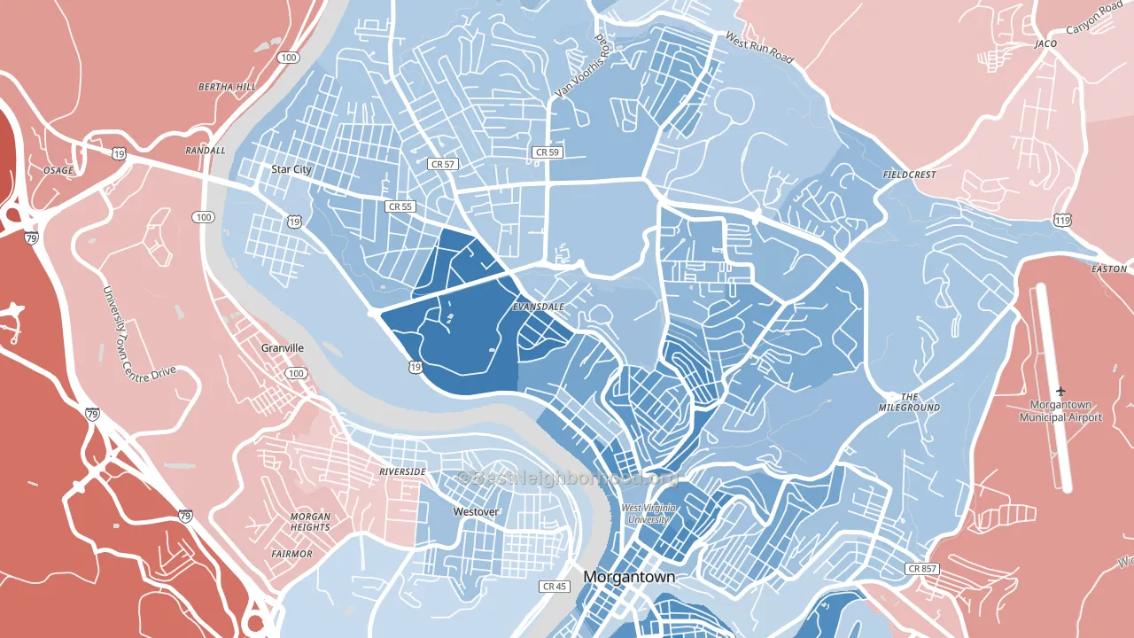 The Flatts, Morgantown, WV block-group political-lean map
