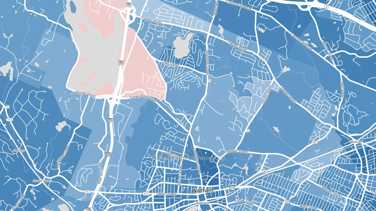The Lanes, Waltham, MA block-group political-lean map