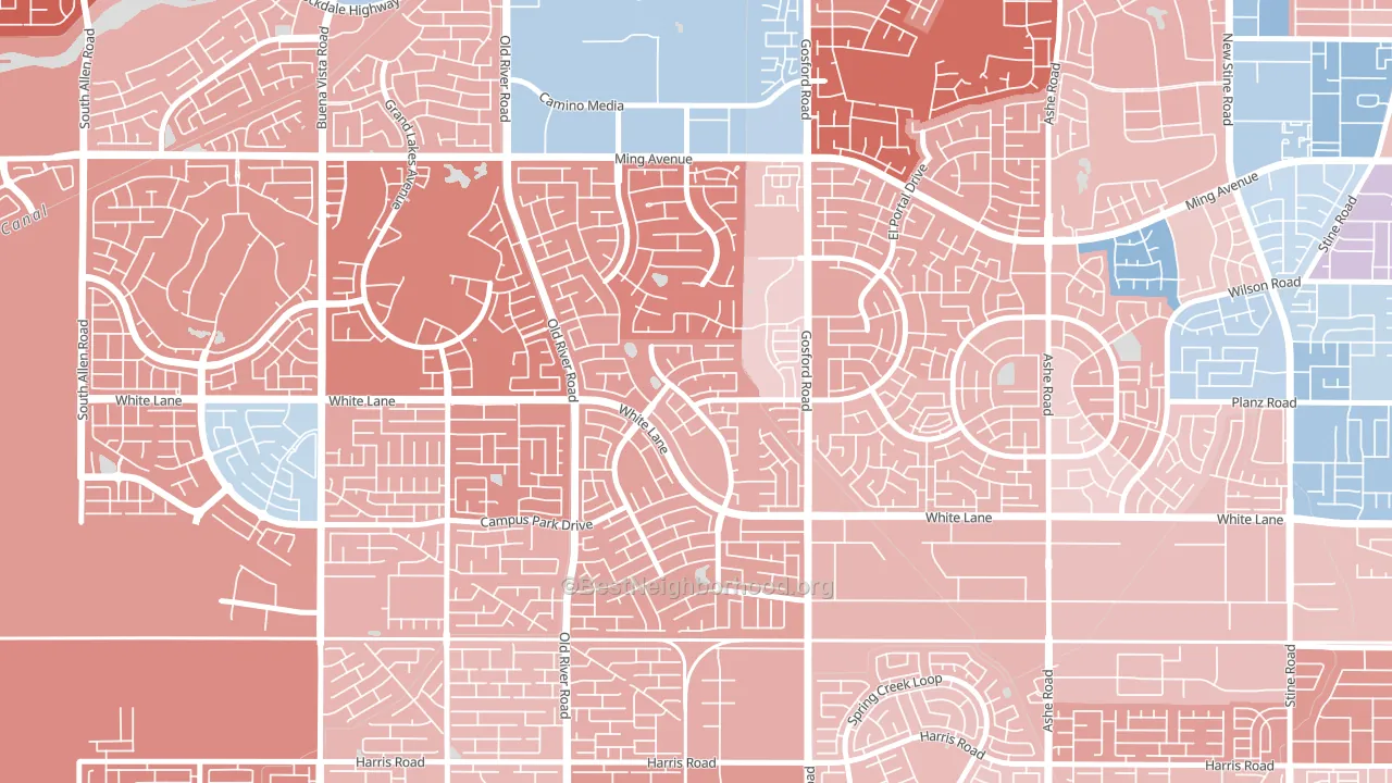 The Oaks, Bakersfield, CA block-group political-lean map