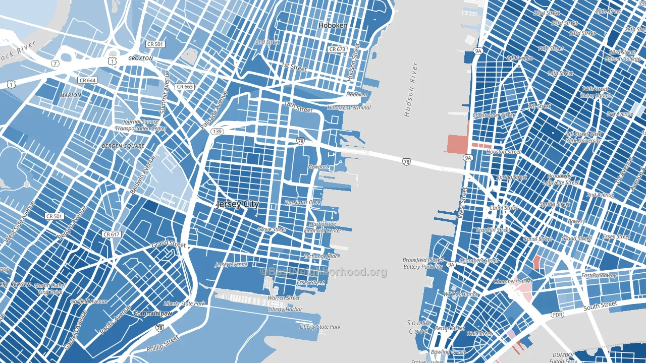 The Waterfront, Jersey City, NJ block-group political-lean map