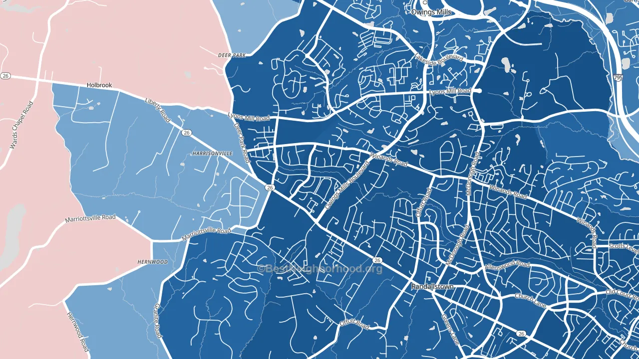 The Woodlands, Randallstown, MD block-group political-lean map