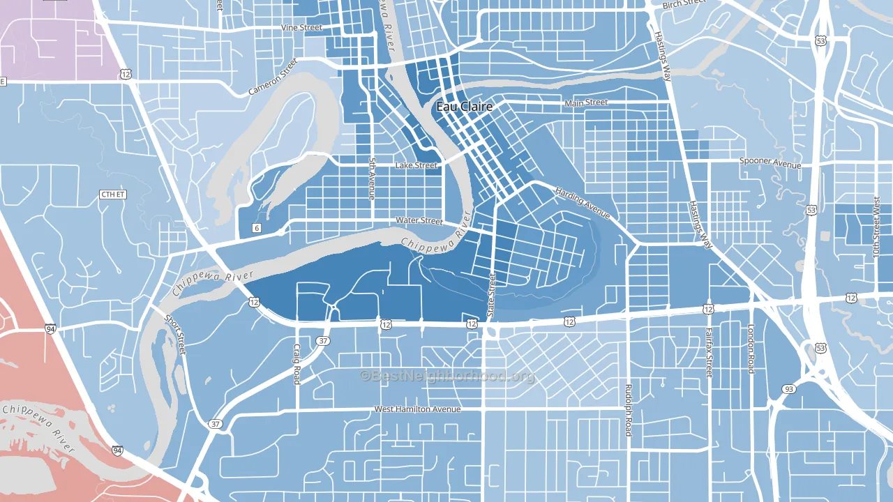 Third Ward, Eau Claire, WI block-group political-lean map