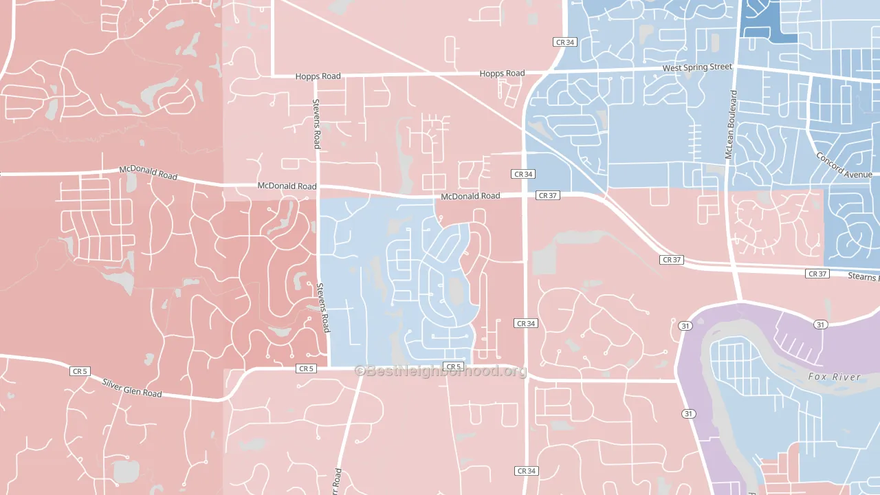 Thornwood, South Elgin, IL block-group political-lean map
