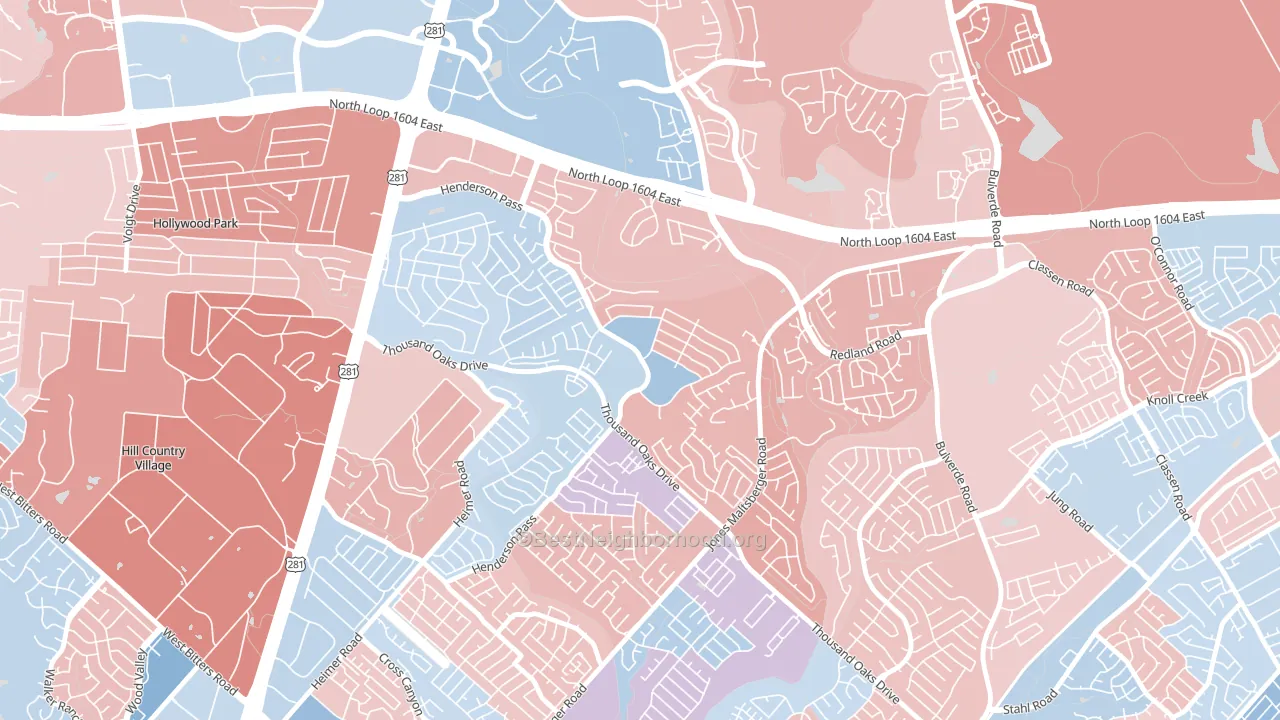 Thousand Oaks, San Antonio, TX block-group political-lean map