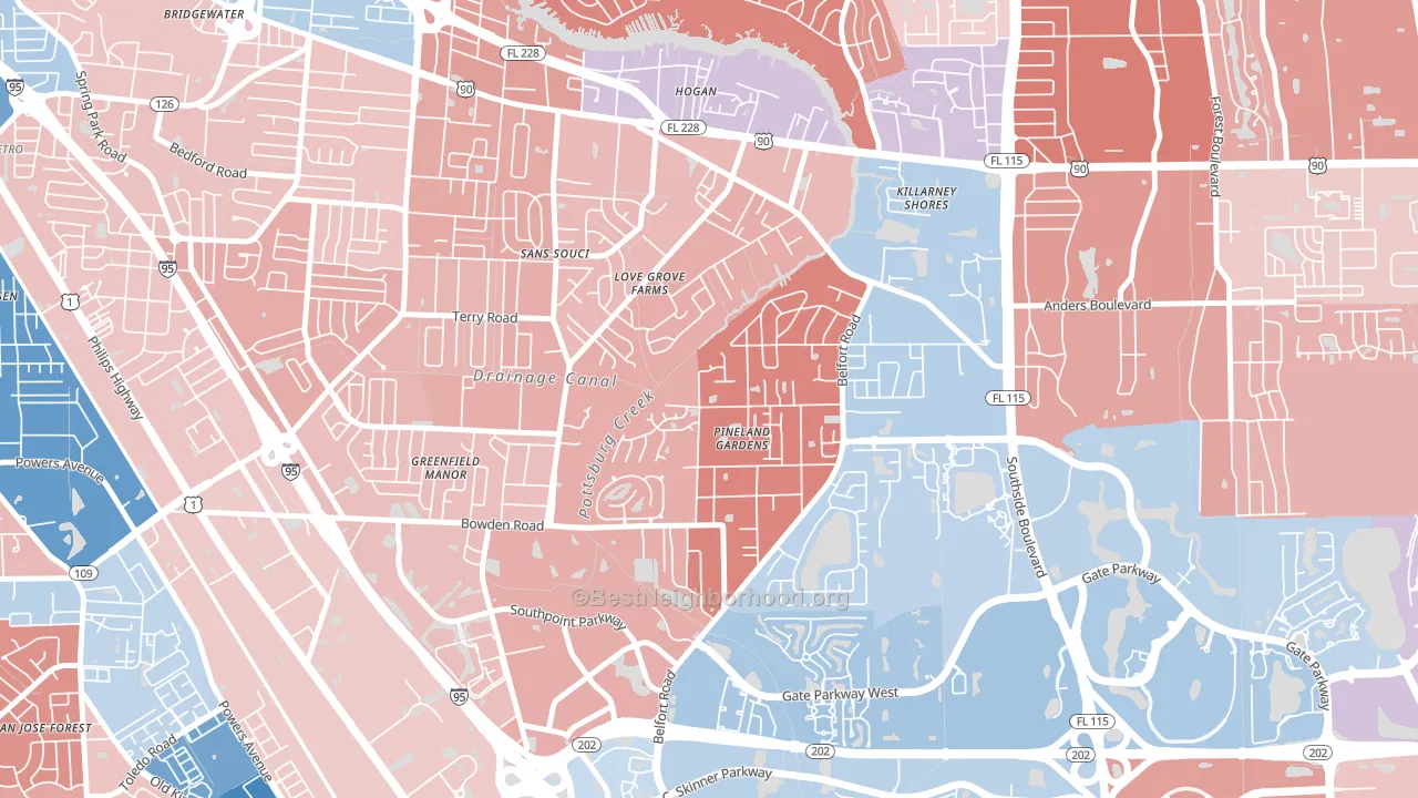 Tiger Hole-Secret Woods, Jacksonville, FL block-group political-lean map
