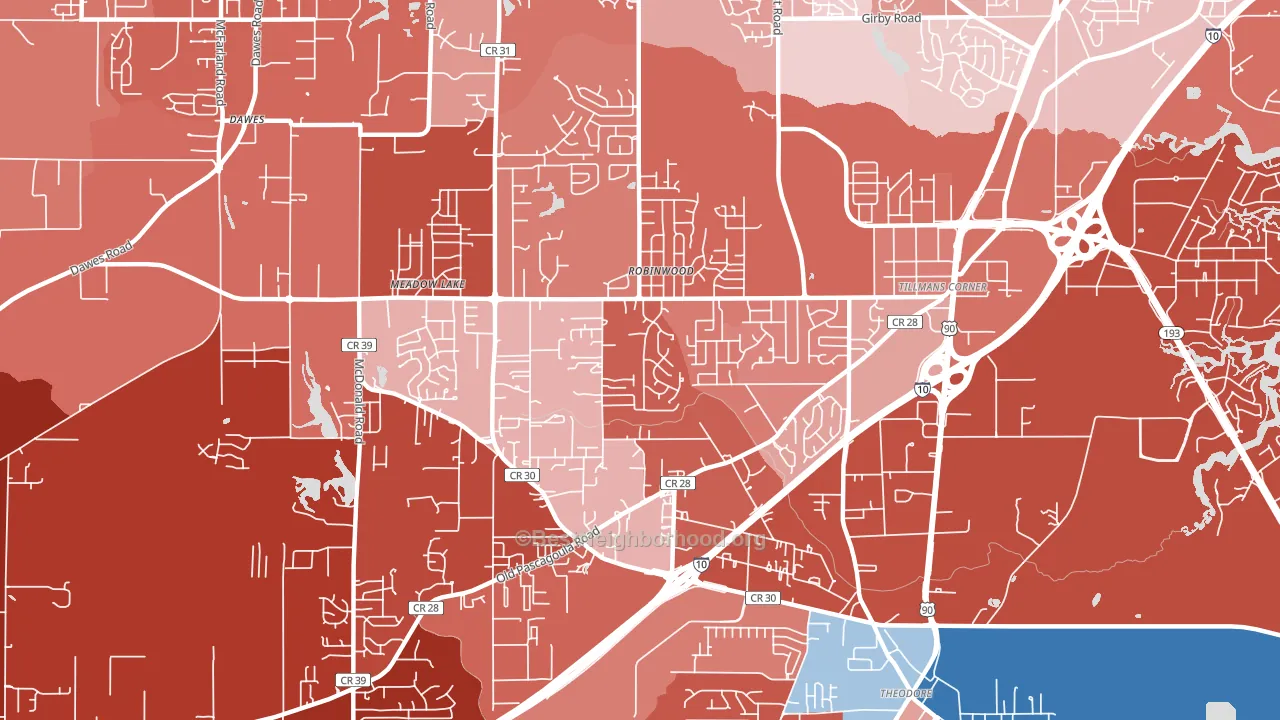 Tillmans Corner, AL block-group political-lean map