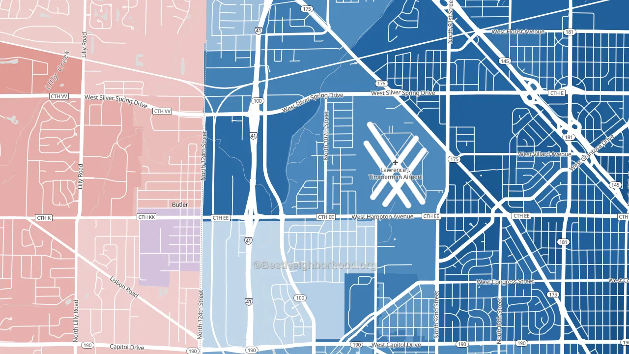Timmerman West, Milwaukee, WI block-group political-lean map