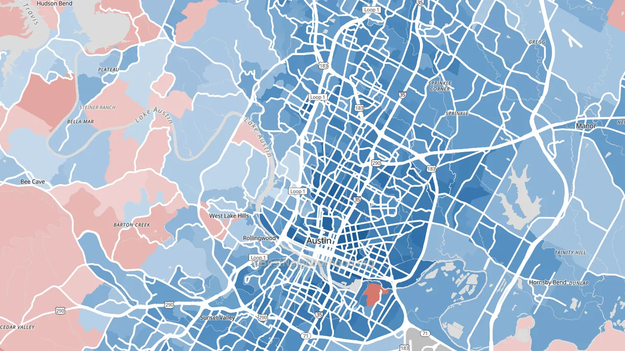 Travis County, TX block-group political-lean map