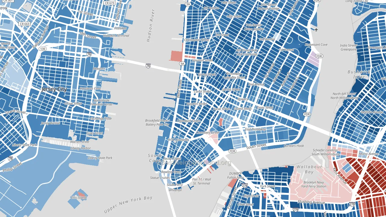 Tribeca, Manhattan, NY block-group political-lean map