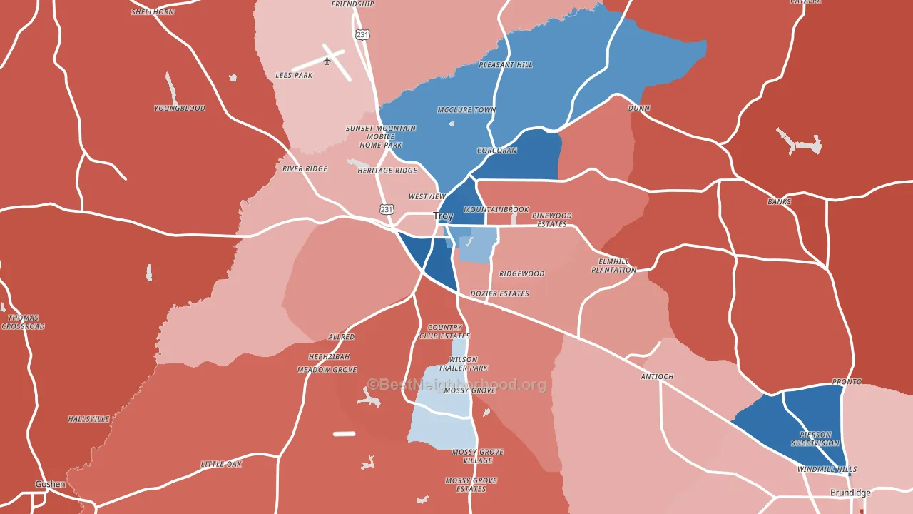 Troy, AL block-group political-lean map