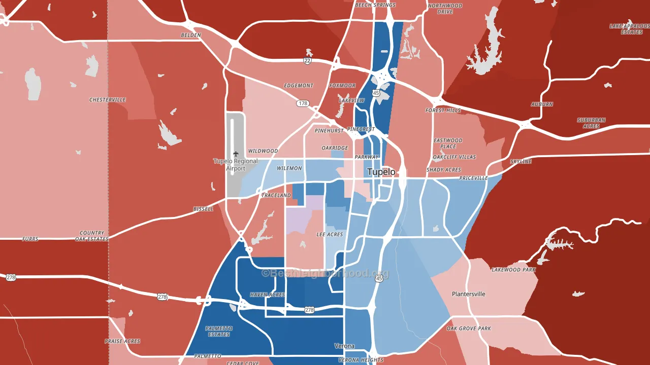 Tupelo, MS block-group political-lean map
