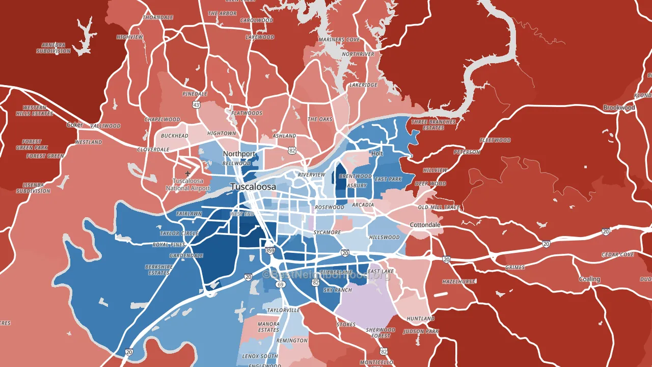 Tuscaloosa County, AL block-group political-lean map
