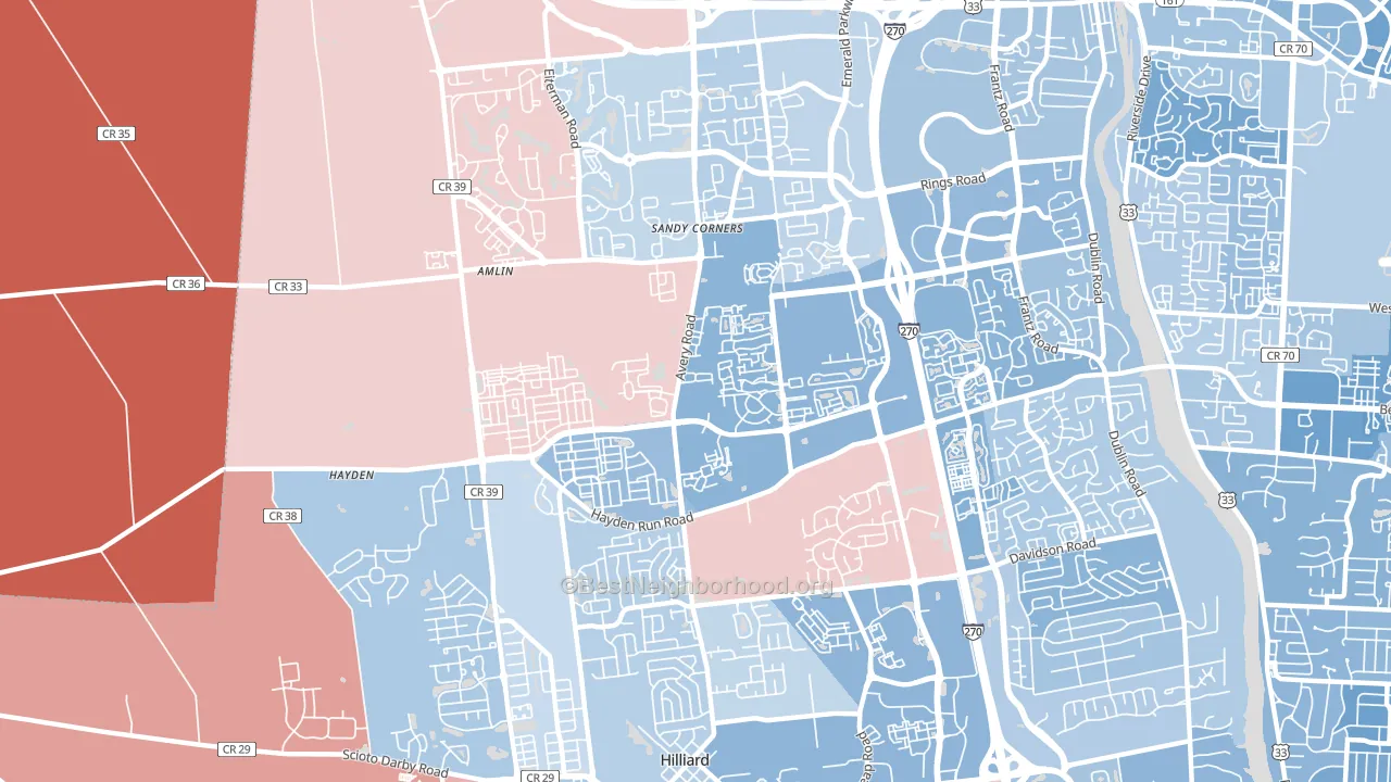 Tuttle West, Dublin, OH block-group political-lean map