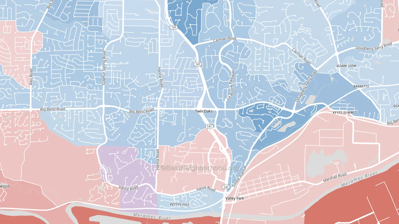 Twin Oaks, MO block-group political-lean map