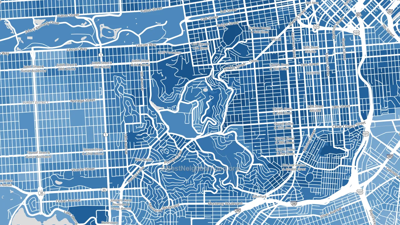 Twin Peaks, San Francisco, CA block-group political-lean map
