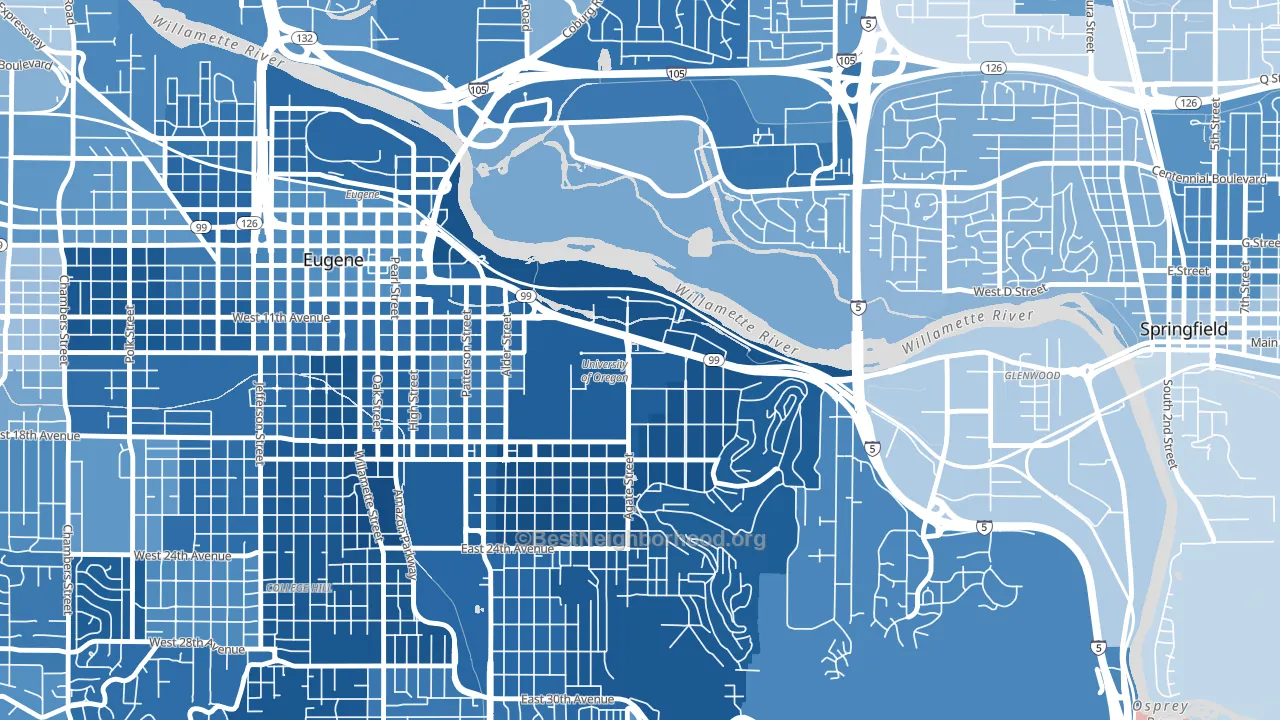 U of O Campus, Eugene, OR block-group political-lean map